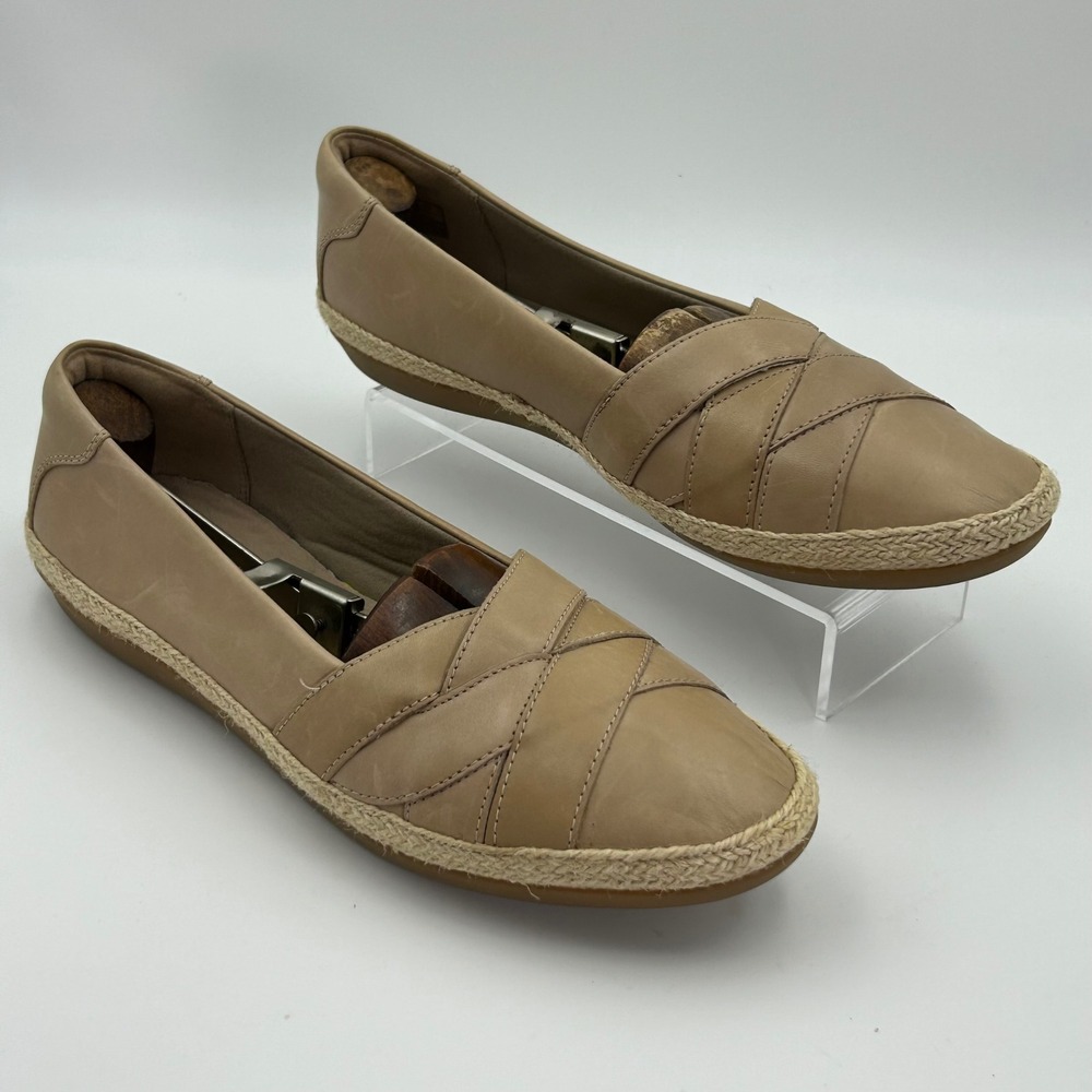 Clarks Collection Flats Womens 10 Tan Leather Espadrille Slip On Coastal Classic